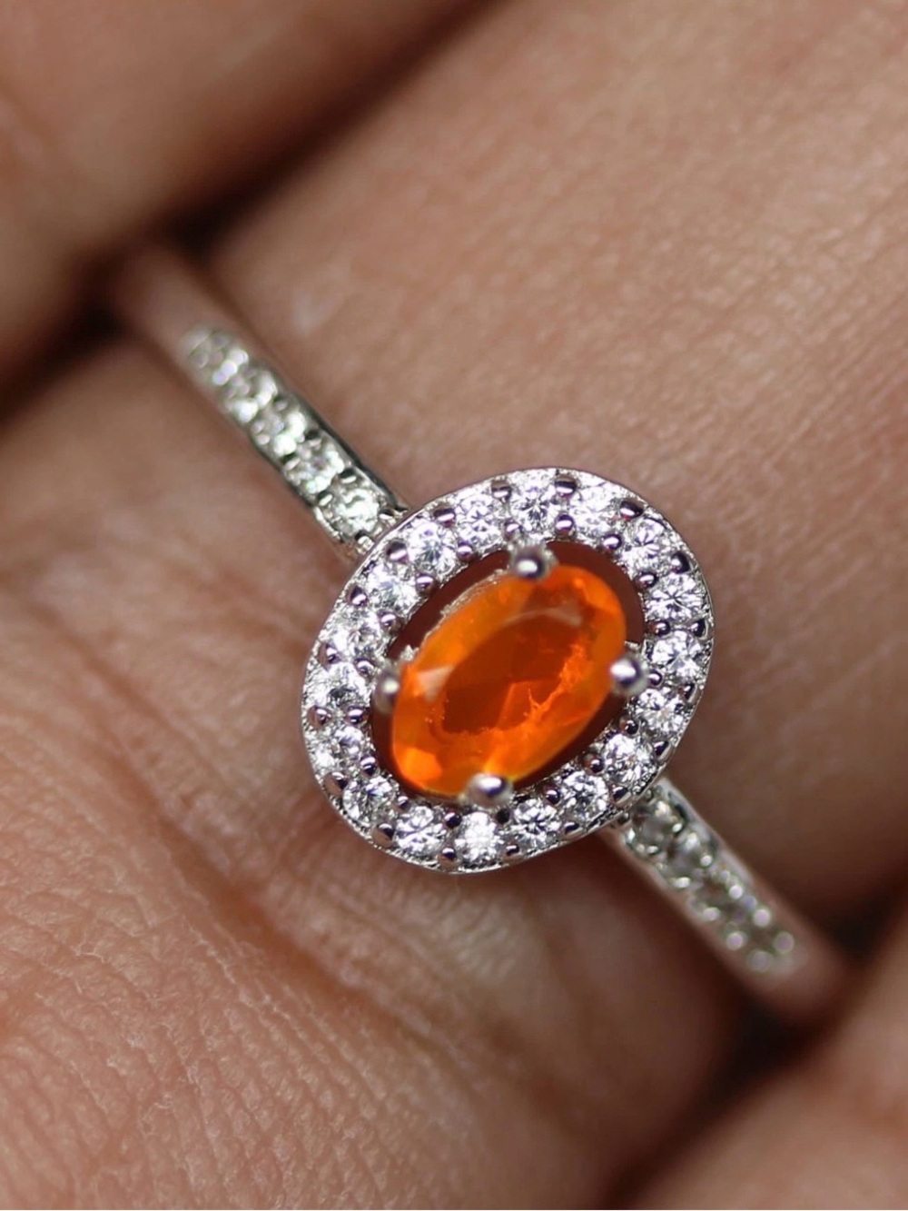 Stunning Natural Orange Fire Opal with Zircon Halo Ring 925 Sterling Silver